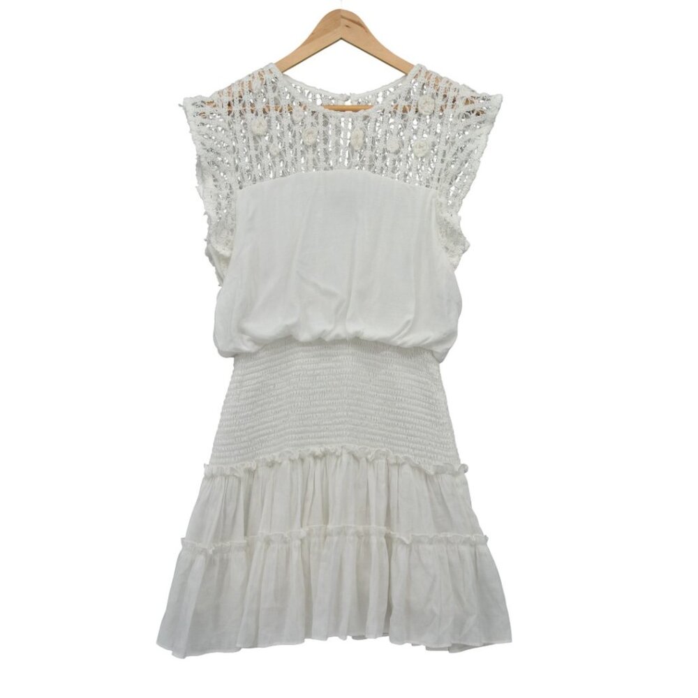 AQUA White Knit Crochet‎ Flutter Sleeve Smocked Fit and Flare Dress Medium